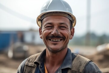 A construction worker in a hard hat with a big smile on his face as he works on a building site wearing white hat