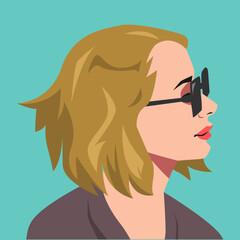 portrait of a beautiful young woman. side view. wearing a sunglasses, shorthair. avatar for social media. colored. for profile, template, print, sticker, poster, etc. flat vector illustration.