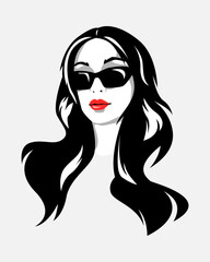portrait of a beauty girl with long wavy hair and wear sunglasses. isolated white background. vector monochrome illustration.