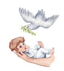 Watercolor Illustration of a Little baby Going Through a Catholic Baptism. Christening, church. Design for invitation, cards