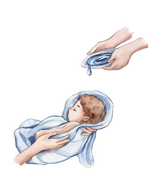 watercolor baby baptism, blue towel, hands clip art preview
