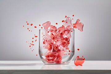 Glass red and transparent hearts stones on table