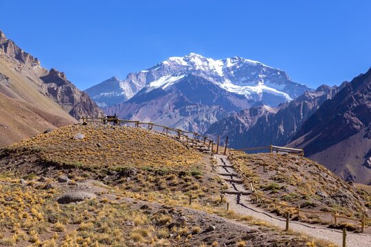 Mount Aconcagua Viewpoint Landscape, Highest Mountain Peak in The Americas and Southern Hemisphere.  Scenic Horcones Climbing Route west of Mendoza, Argentina