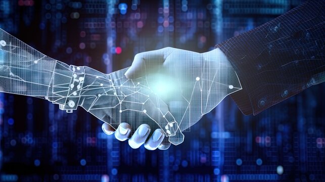 Human-Robot Collaboration: Handshake Between Human and Robot with Digital Data Grid Background in 8K created with generative ai technology