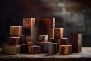 Wooden cubes and pedestals on table
