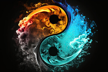 Yin yang symbol in colorful liquid paint splashed on black background