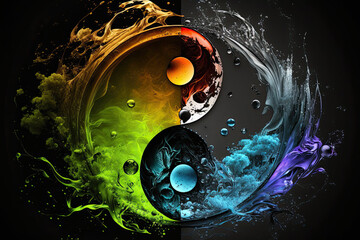 Yin yang symbol in colorful liquid paint splashed on black background