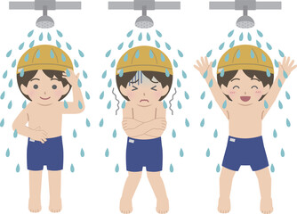 プール授業でシャワーを浴びる少年