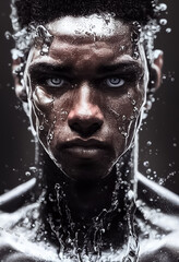 portrait of black man with serious face and splashing water
