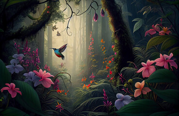 Obraz na płótnie Canvas Beautiful nature scene with birds chirping around the forest trees, colorful flowers and plants in the natural environment where the beauty of the jungle comes to life AI Generated