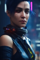 Naklejka premium Game, virtual reality. A courageous cyberpunk girl warrior stands with a gun in her hands against the backdrop of the night city of the future. Cyberpunk concept.