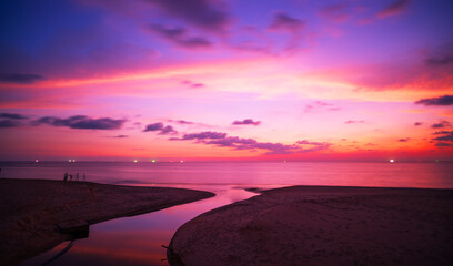 Blurred sea background at sunset, Abstract natural background and texture motion blur,panoramic view of sunrise over ocean.Dark sky sunlight and deep dark water sea background