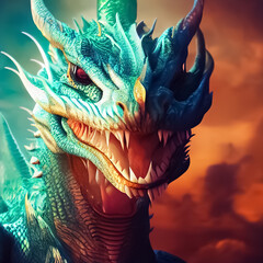 Fototapeta premium chinese green dragon statue. scary dragon monster close-up in the sky