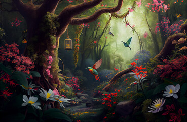 Obraz na płótnie Canvas Beautiful nature scene with birds chirping around the forest trees, colorful flowers and plants in the natural environment where the beauty of the jungle comes to life AI Generated