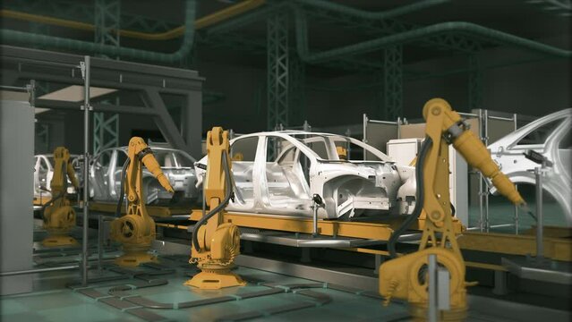 Aerial Car Factory 3D Concept: Automated Robot Arm Assembly Line Manufacturing High-Tech Green Energy Electric Vehicles. Construction, Welding Industrial Production Conveyor. Modern technologies