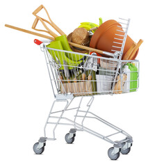 shopping cart full of gardening tools, isolated on white background, template for gardening shop...