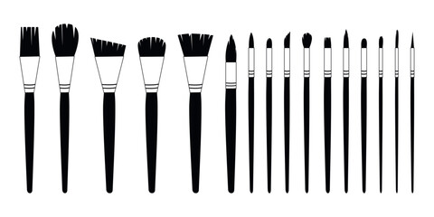 Flat vector painting tools in childish style. Hand drawn art supplies, paint brushes for acrylic, gouache silhouettes