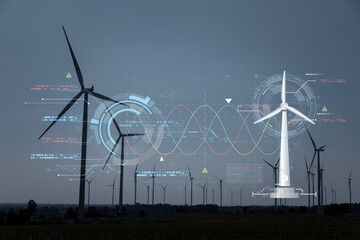 Double exposure silhouette windmill farm with infographic show power technology alternative eco...