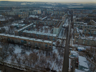 Novokuznetsk city district in winter from a bird's-eye view