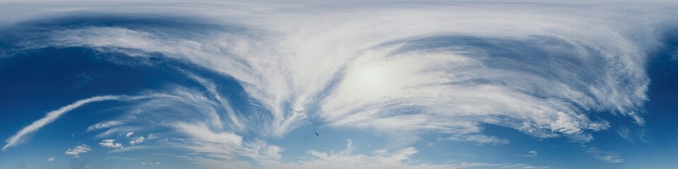 Blue summer sky panorama with light Cirrus clouds. HDR 360 seamless spherical panorama. Full zenith or sky dome for 3D visualization, sky replacement for aerial drone panoramas.