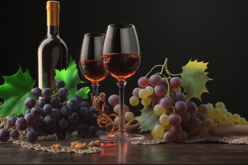 Naklejka na ściany i meble Wine and grapes on the table, Generative AI