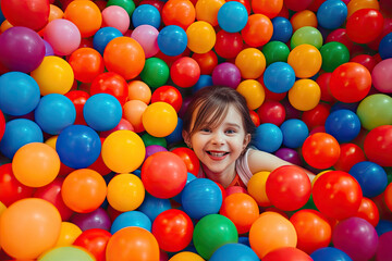 Fototapeta na wymiar a young woman with colorful plastic balls playground. AI generative image.