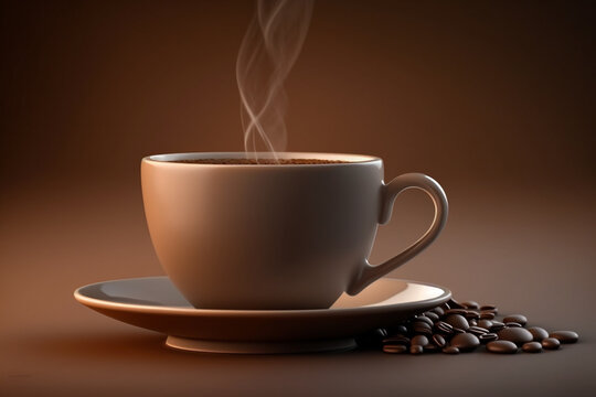A warm cup of coffee on a brown background, Generative AI