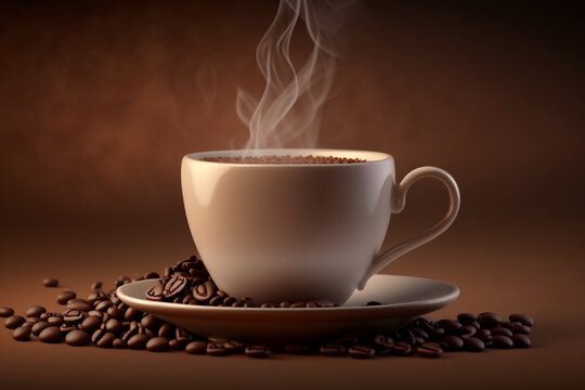 warm cup of coffee on a brown background, Generative AI