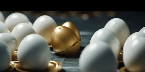 Concept of ambitiousness, careerism. A golden egg walks through heads the white eggs. Generative AI