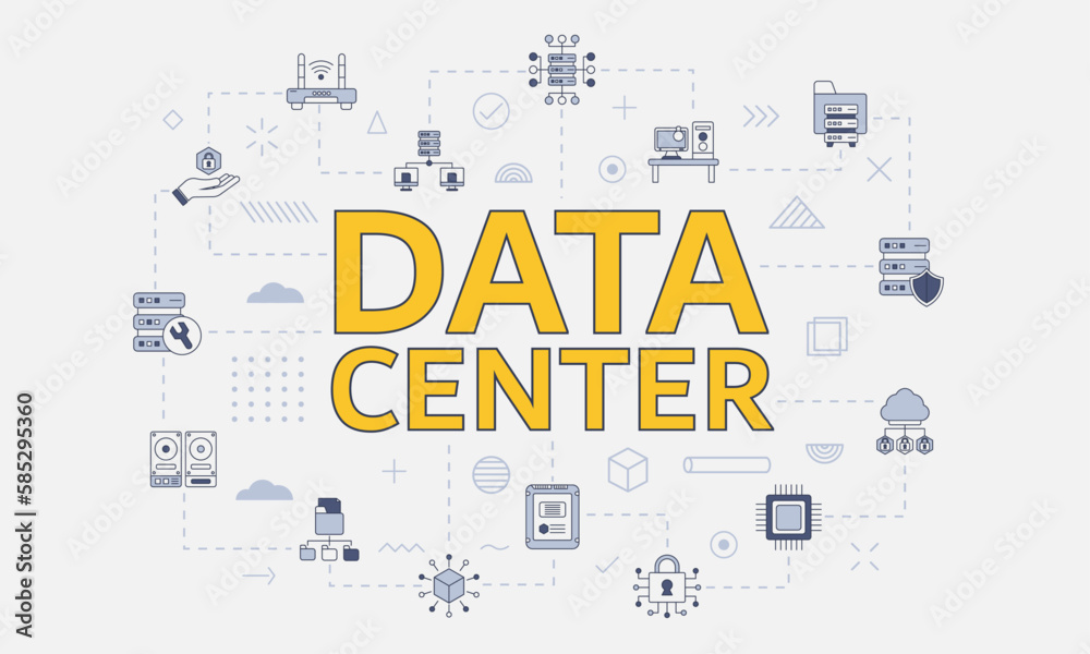 Wall mural data center concept with icon set with big word or text on center