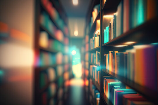 blurred bookshelf with books in a library. vintage color look. Generative AI
