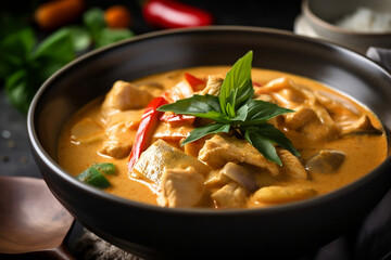 Thai Panang Chicken Curry is a rich, creamy and aromatic dish that is beloved in Thailand and around the world. Tasty dinner with chicken curry in bowl generated by Ai