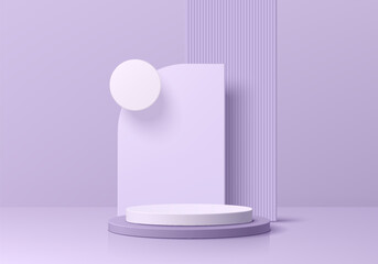 Realistic purple and white 3D cylinder pedestal podium background with geometric shape backdrop. Vector abstract empty room. Wall minimal scene mockup products stage showcase, Banner promotion display