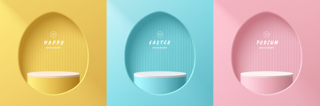 Set of yellow, blue and pink 3D realistic podium background in egg shape window. Happy easter day. Wall minimal scene mockup product stage showcase, Promotion display. Abstract vector geometric forms.