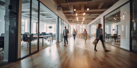 Group of office employees at coworking center. Business people walking at modern open space. Motion blur. Generative AI - obrazy, fototapety, plakaty