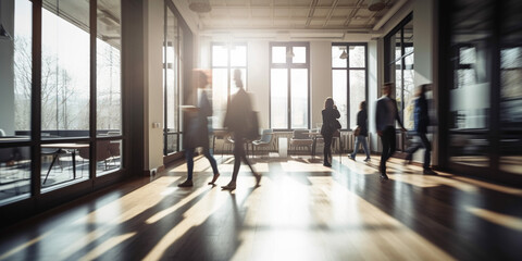 Fototapeta premium Group of office employees at coworking center. Business people walking at modern open space. Motion blur. Generative AI