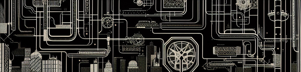 Illustration of a monochrome cityscape with skyscrapers created with Generative AI technology