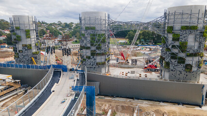 Aerial drone view of the large ventilation chimney towers at Rozelle Interchange showing major...