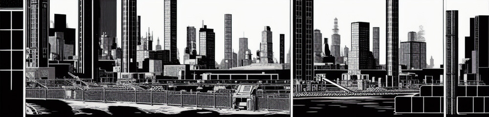 Illustration of a monochrome cityscape with skyscrapers created with Generative AI technology