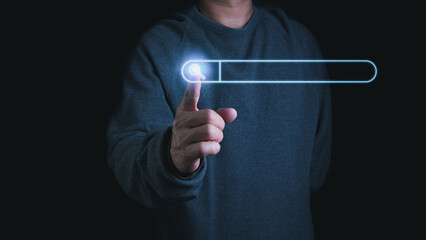 The concept of searching for information from the internet network. show with the finger pointing...