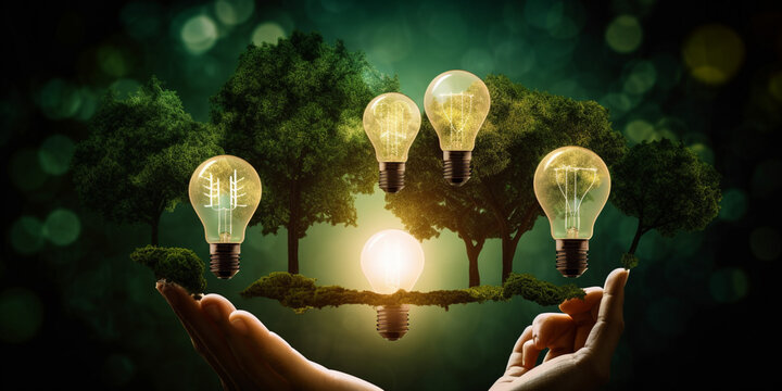 Hand holding light bulb with power plug and show trees, renewable energy icons with sustainable development Generative AI