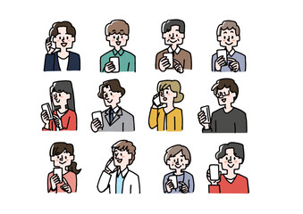 さまざまな年齢　性別のスマートフォンを持っている人物のアイコンセット
