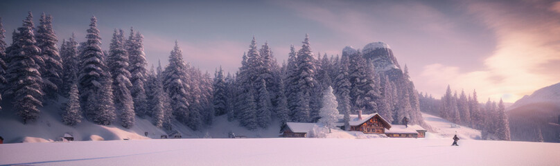 Naklejka premium Illustration of a winter wonderland with snow-covered trees and a shining sun created with Generative AI technology