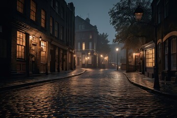 night city view traditional timber framed buildings on both sides of cobblestone street in old town. Generative Ai.