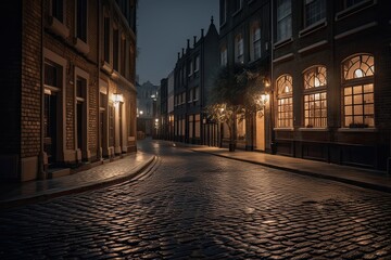 night city view traditional timber framed buildings on both sides of cobblestone street in old town. Generative Ai.