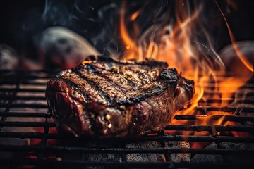 ribeye steaks on the grill over the open flame. Generative Ai.