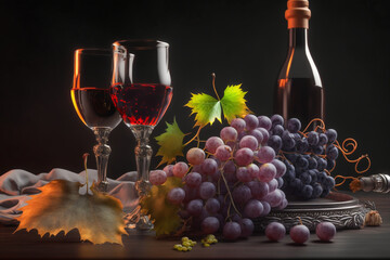 Fototapeta na wymiar Wine and grapes on the table, Generative AI