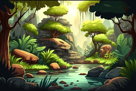 Cartoon-style jungle scene with a river and rocks