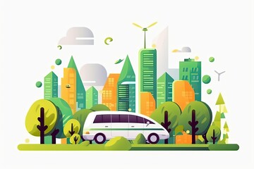 green ecology city with environment car. save the world and energy concept. illustration in flat style modern design. Generative Ai.