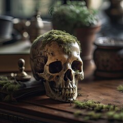 Old Skull on table. Generative Ai.